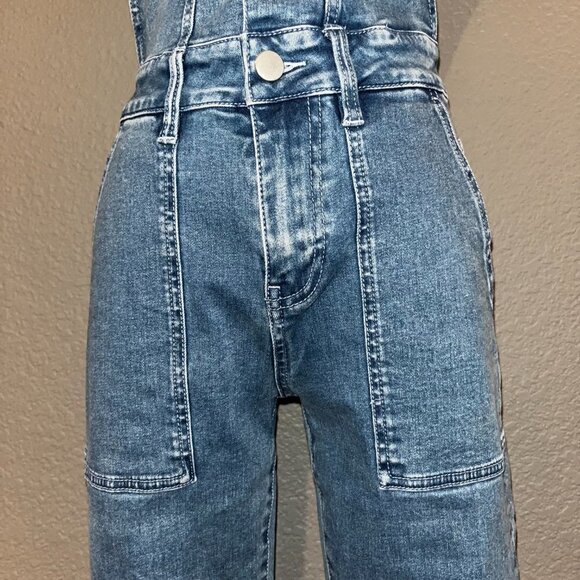 MO&Co. Blue Denim Overall Jumpsuit Front Button Bib Zip Fly Bell Bottom NWOT XS - Picture 4 of 12